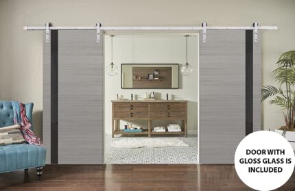 Sturdy Double Barn Door | Planum 0040 Grey Oak with Black Glass | Silver 13FT Rail Hangers Heavy Set | Solid Panel Interior Doors