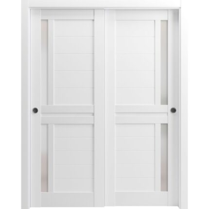 Sliding Closet Bypass Doors | Veregio 7288 White Silk with Frosted Glass | Sturdy Rails Moldings Trims Hardware Set | Wood Solid Bedroom Wardrobe Doors