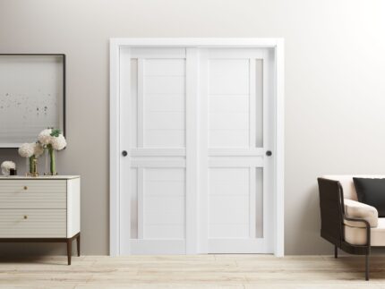 Sliding Closet Bypass Doors | Veregio 7288 White Silk with Frosted Glass | Sturdy Rails Moldings Trims Hardware Set | Wood Solid Bedroom Wardrobe Doors