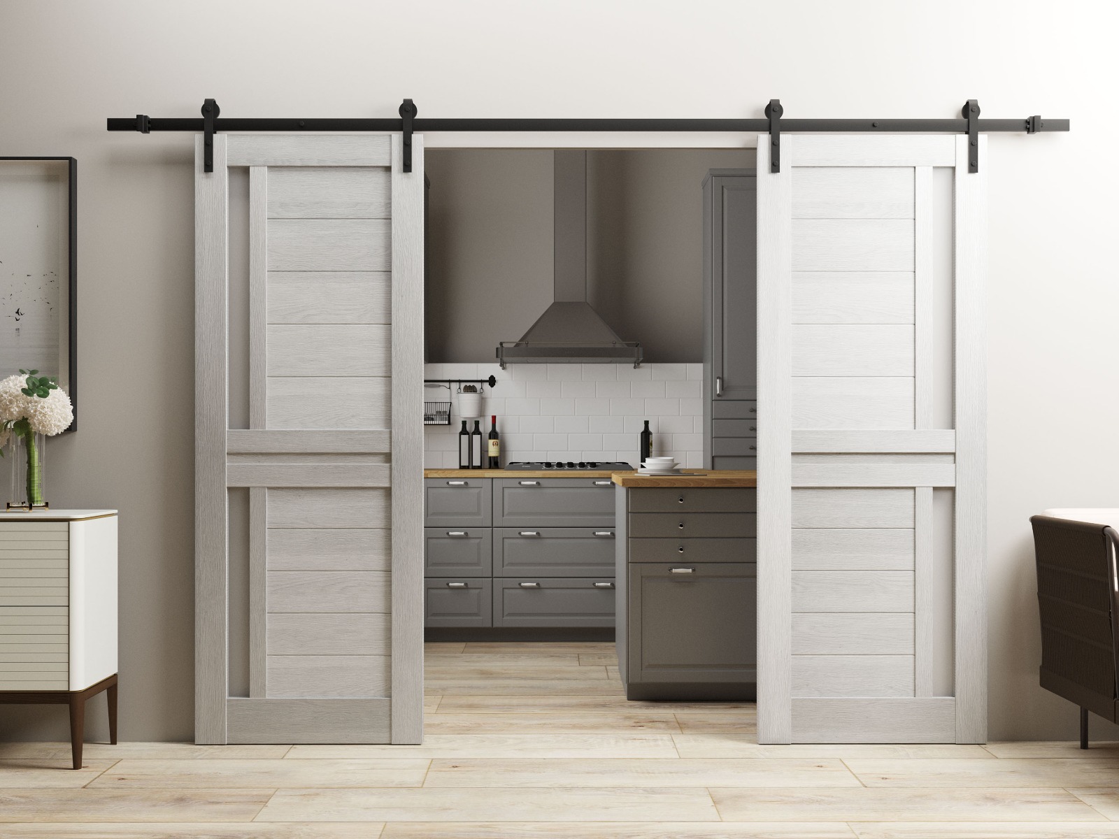 Sturdy Double Barn Door | Veregio 7288 Light Grey Oak with Frosted Glass | 13FT Rail Hangers Heavy Set | Solid Panel Interior Doors