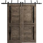 Sliding Closet Barn Bypass Doors | Veregio 7588 Cognac Oak with Black Glass | Sturdy 6.6ft Rails Hardware Set | Wood Solid Bedroom Wardrobe Doors