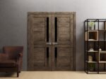 Interior Solid French Double Doors | Veregio 7588 Cognac Oak with Black Glass | Wood Solid Panel Frame Trims | Closet Bedroom Sturdy Doors - Image 2