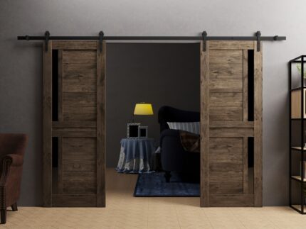 Sturdy Double Barn Door | Veregio 7588 Cognac Oak with Black Glass | 13FT Rail Hangers Heavy Set | Solid Panel Interior Doors
