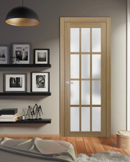 Solid French Door Frosted Glass | Felicia 3312 Honey Ash ” | Single Regular Panel Frame Trims Handle | Bathroom Bedroom Sturdy Doors