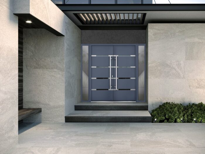 Front Exterior Prehung Steel Double Doors / Deux 1105 Gray Graphite / 2 Sidelight Exterior Windows / Stainless Inserts Single Modern Painted - Image 3