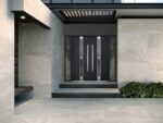 Front Exterior Prehung Steel Double Doors / Deux 1755 Black Enamel / 2 Sidelight Exterior Windows / Stainless Inserts Single Modern Painted - Image 3