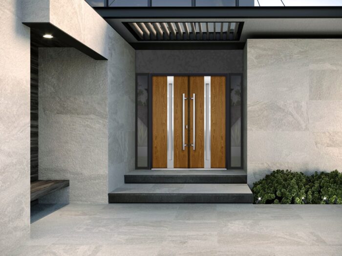 Front Exterior Prehung Steel Double Doors / Deux 1713 Natural Oak / 2 Black Sidelight Exterior Windows / Stainless Inserts Single Modern Painted - Image 2