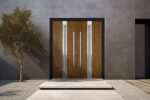 Front Exterior Prehung Steel Double Doors / Deux 1744 Natural Oak / 2 Sidelight Exterior Black Windows / Stainless Inserts Single Modern Painted - Image 3