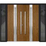 Front Exterior Prehung Steel Double Doors / Deux 1744 Natural Oak / 2 Sidelight Exterior Black Windows / Stainless Inserts Single Modern Painted