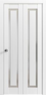 Sliding Closet Bi-fold Doors | Planum 0888 Painted White with Frosted Glass | Sturdy Tracks Moldings Trims Hardware Set | Wood Solid Bedroom Wardrobe Doors