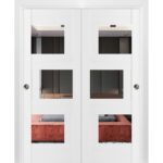 Sliding Closet Opaque Glass Bypass Doors / Sete 6999 White Silk with Mirror / Rails Hardware Set / Wood Solid Bedroom Wardrobe Doors