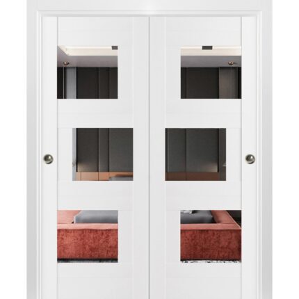 Sliding Closet Opaque Glass Bypass Doors / Sete 6999 White Silk with Mirror / Rails Hardware Set / Wood Solid Bedroom Wardrobe Doors