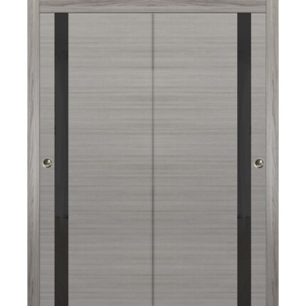 Sliding Closet Bypass Doors | Planum 0040 Grey Oak with Black Glass | Sturdy Rails Moldings Trims Hardware Set | Wood Solid Bedroom Wardrobe Doors