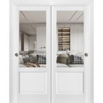 Sliding Closet Bypass Doors | Lucia 1533 White Silk with Clear Glass | Sturdy Rails Moldings Trims Hardware Set | Wood Solid Bedroom Wardrobe Doors