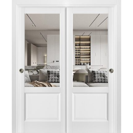 Sliding Closet Bypass Doors | Lucia 1533 White Silk with Clear Glass | Sturdy Rails Moldings Trims Hardware Set | Wood Solid Bedroom Wardrobe Doors