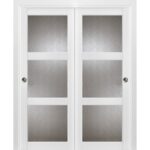 Sliding Closet Bypass Doors | Lucia 2588 White Silk with Rain Glass | Sturdy Rails Moldings Trims Hardware Set | Wood Solid Bedroom Wardrobe Doors Rain Glass