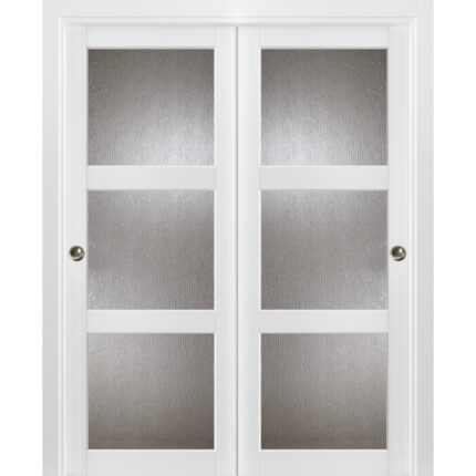 Sliding Closet Bypass Doors | Lucia 2588 White Silk with Rain Glass | Sturdy Rails Moldings Trims Hardware Set | Wood Solid Bedroom Wardrobe Doors Rain Glass