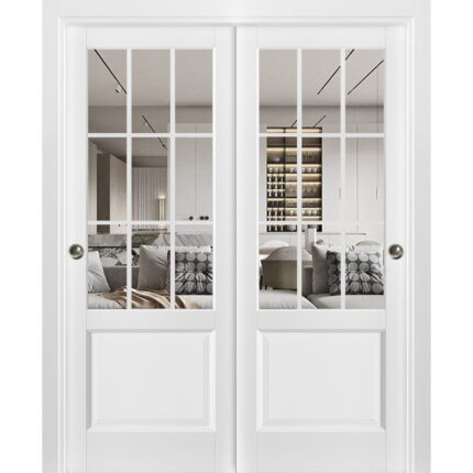 Sliding Closet Bypass Doors | Felicia 3599 White Silk with Clear Glass | Sturdy Rails Moldings Trims Hardware Set | Wood Solid Bedroom Wardrobe Doors