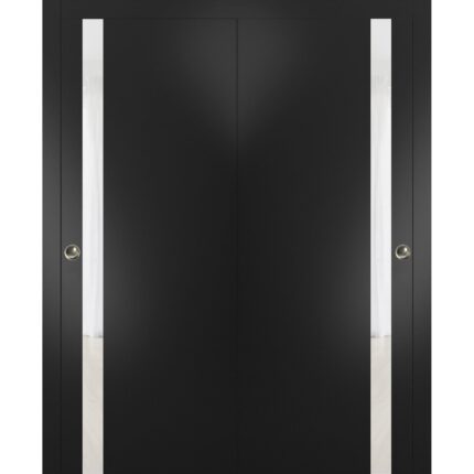 Sliding Closet Bypass Doors | Planum 0040 Matte Black with White Glass | Sturdy Rails Moldings Trims Hardware Set | Wood Solid Bedroom Wardrobe Doors