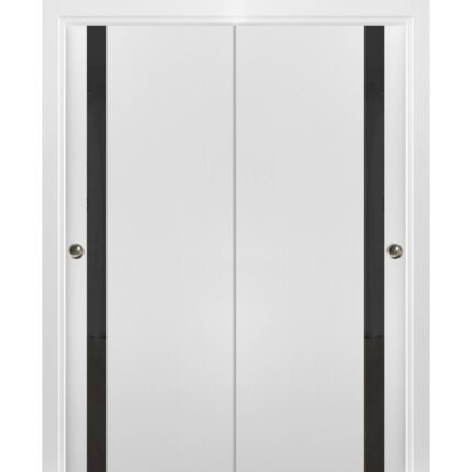 Sliding Closet Bypass Doors | Planum 0040 White Silk with Black Glass | Sturdy Rails Moldings Trims Hardware Set | Wood Solid Bedroom Wardrobe Doors