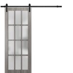 Sturdy Barn Door 12 Lites | Felicia 3312 Ginger Ash with Frosted Glass | 6.6FT Rail Hangers Heavy Hardware Set | Solid Panel Interior Doors