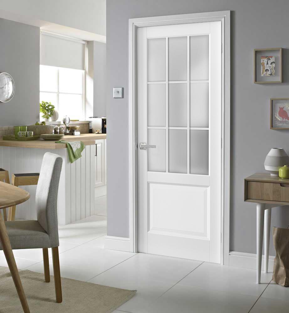 Solid French Door 9 Lites | Felicia 3309 Matte White with Frosted Glass | Single Regural Panel Frame Trims Handle | Bathroom Bedroom Sturdy Doors - Image 3