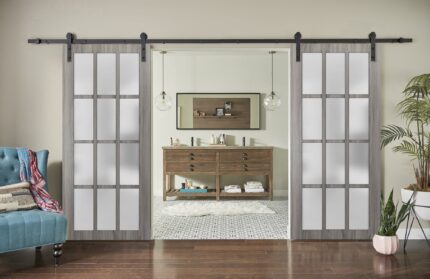 Sturdy Double Barn Door 12 Lites | Felicia 3312 Ginger Ash Grey with Frosted Glass | 13FT Rail Hangers Heavy Set | Solid Panel Interior Doors