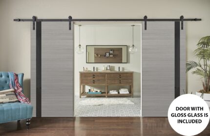 Sturdy Double Barn Door | Planum 0040 Grey Oak with Black Glass | 13FT Rail Hangers Heavy Set | Solid Panel Interior Doors