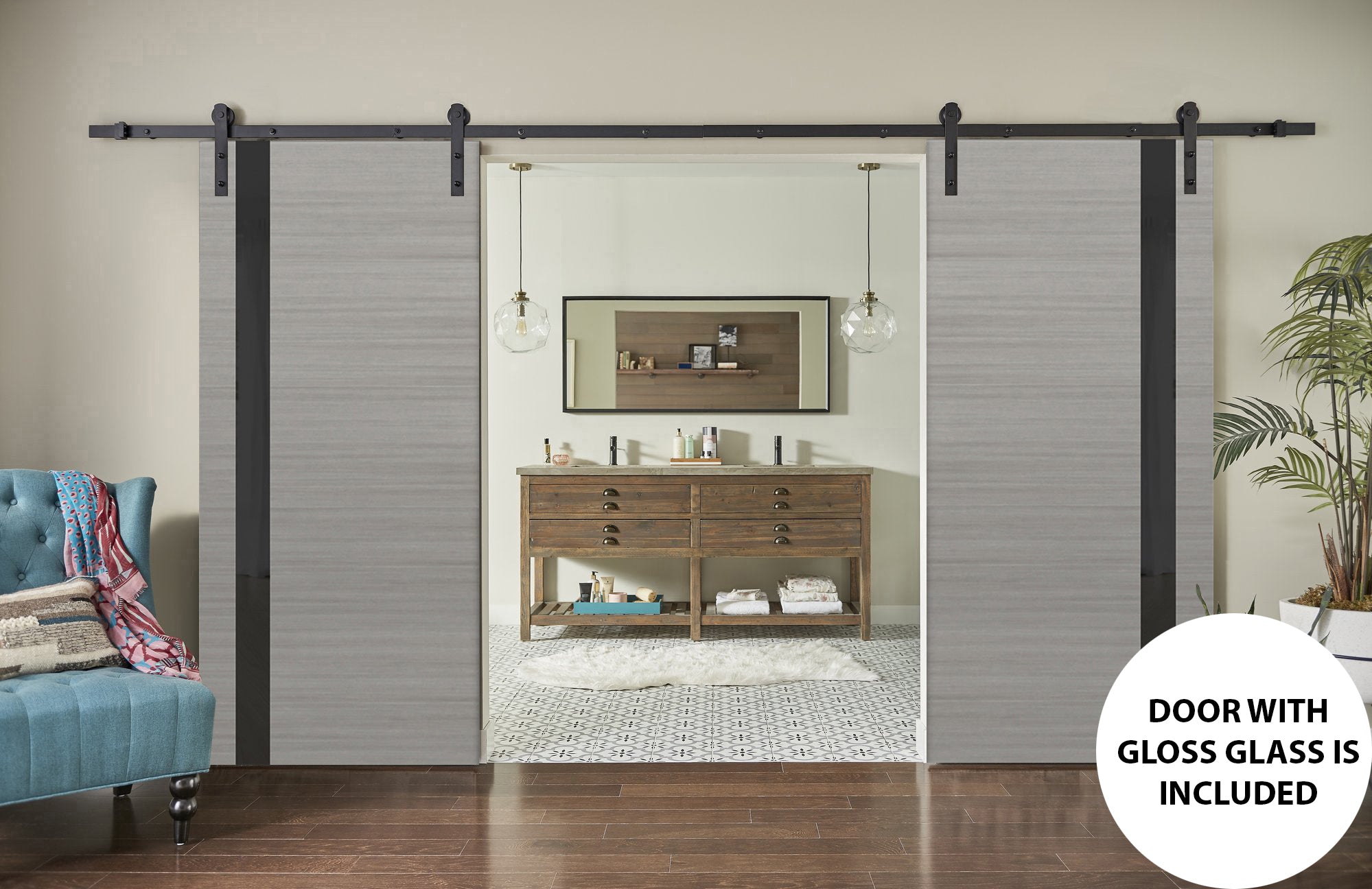 Sturdy Double Barn Door | Planum 0040 Grey Oak with Black Glass | 13FT Rail Hangers Heavy Set | Solid Panel Interior Doors