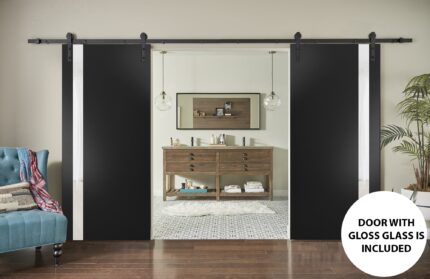 Sturdy Double Barn Door | Planum 0040 Matte Black with White Glass | 13FT Rail Hangers Heavy Set | Solid Panel Interior Doors