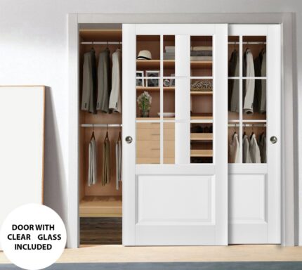 Sliding Closet Bypass Doors | Felicia 3599 White Silk with Clear Glass | Sturdy Rails Moldings Trims Hardware Set | Wood Solid Bedroom Wardrobe Doors