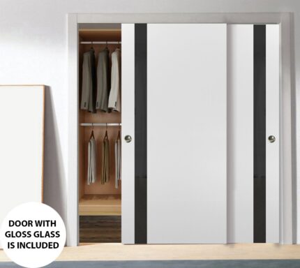 Sliding Closet Bypass Doors | Planum 0040 White Silk with Black Glass | Sturdy Rails Moldings Trims Hardware Set | Wood Solid Bedroom Wardrobe Doors