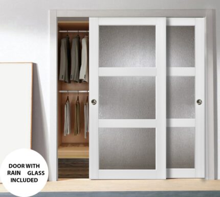Sliding Closet Bypass Doors | Lucia 2588 White Silk with Rain Glass | Sturdy Rails Moldings Trims Hardware Set | Wood Solid Bedroom Wardrobe Doors Rain Glass