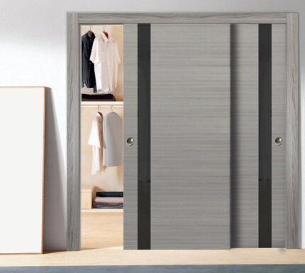 Sliding Closet Bypass Doors | Planum 0040 Grey Oak with Black Glass | Sturdy Rails Moldings Trims Hardware Set | Wood Solid Bedroom Wardrobe Doors