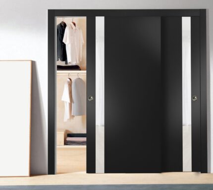 Sliding Closet Bypass Doors | Planum 0040 Matte Black with White Glass | Sturdy Rails Moldings Trims Hardware Set | Wood Solid Bedroom Wardrobe Doors