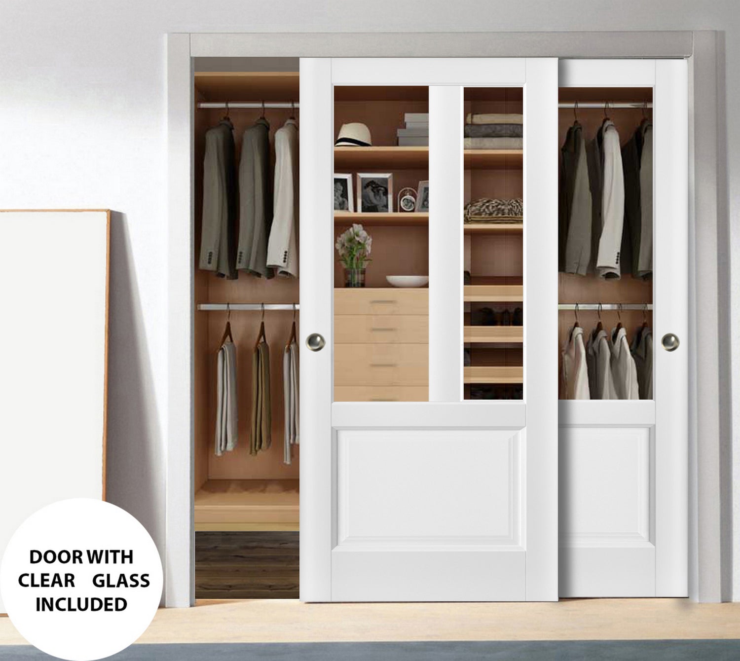 Sliding Closet Bypass Doors | Lucia 1533 White Silk with Clear Glass | Sturdy Rails Moldings Trims Hardware Set | Wood Solid Bedroom Wardrobe Doors