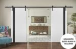 Sturdy Double Barn Door | Planum 0040 White Silk with Black Glass | 13FT Rail Hangers Heavy Set | Solid Panel Interior Doors - Image 2