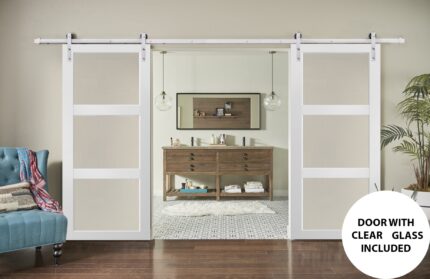 Sliding Double Barn Doors with Hardware | Lucia 2555 White Silk with Clear Glass | 13FT Silver Rail Sturdy Set (Silver) | Kitchen Lite Wooden Solid Panel Interior Bedroom Bathroom Door