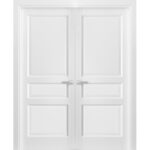 French Double Panel Solid Doors with Hardware | Lucia 31 White Silk | Panel Frame Trims | Bathroom Bedroom Interior Sturdy Door