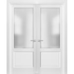 French Double Panel Lite Doors with Hardware | Lucia 22 White Silk with Frosted Opaque Glass | Panel Frame Trims | Bathroom Bedroom Interior Sturdy Door