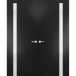 Solid French Double Doors | Planum 0040 Matte Black with White Glass | Wood Solid Panel Frame Trims | Closet Bedroom Sturdy Doors