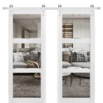 Sliding Double Barn Doors with Hardware | Lucia 2555 White Silk with Clear Glass | 13FT Silver Rail Sturdy Set (Silver) | Kitchen Lite Wooden Solid Panel Interior Bedroom Bathroom Door