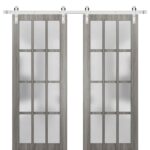 Sturdy Double Barn Door 12 Lites | Felicia 3312 Ginger Ash Grey with Frosted Glass | Silver 13FT Rail Hangers Heavy Set | Solid Panel Interior Doors