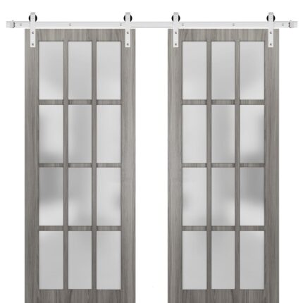 Sturdy Double Barn Door 12 Lites | Felicia 3312 Ginger Ash Grey with Frosted Glass | Silver 13FT Rail Hangers Heavy Set | Solid Panel Interior Doors