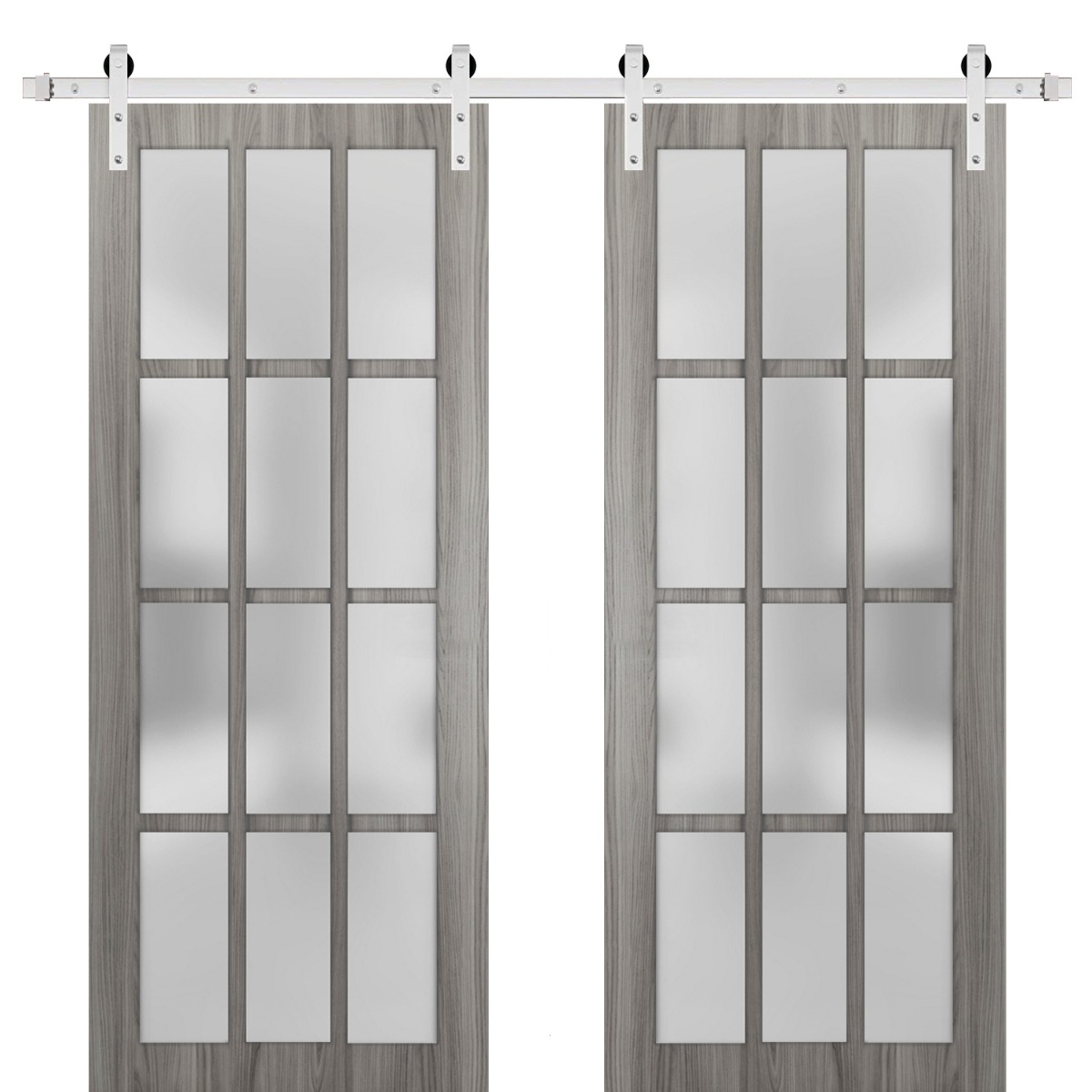 Sturdy Double Barn Door 12 Lites | Felicia 3312 Ginger Ash Grey with Frosted Glass | Silver 13FT Rail Hangers Heavy Set | Solid Panel Interior Doors