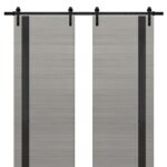 Sturdy Double Barn Door | Planum 0040 Grey Oak with Black Glass | 13FT Rail Hangers Heavy Set | Solid Panel Interior Doors