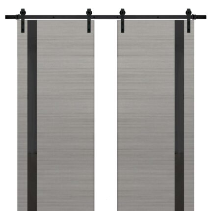 Sturdy Double Barn Door | Planum 0040 Grey Oak with Black Glass | 13FT Rail Hangers Heavy Set | Solid Panel Interior Doors