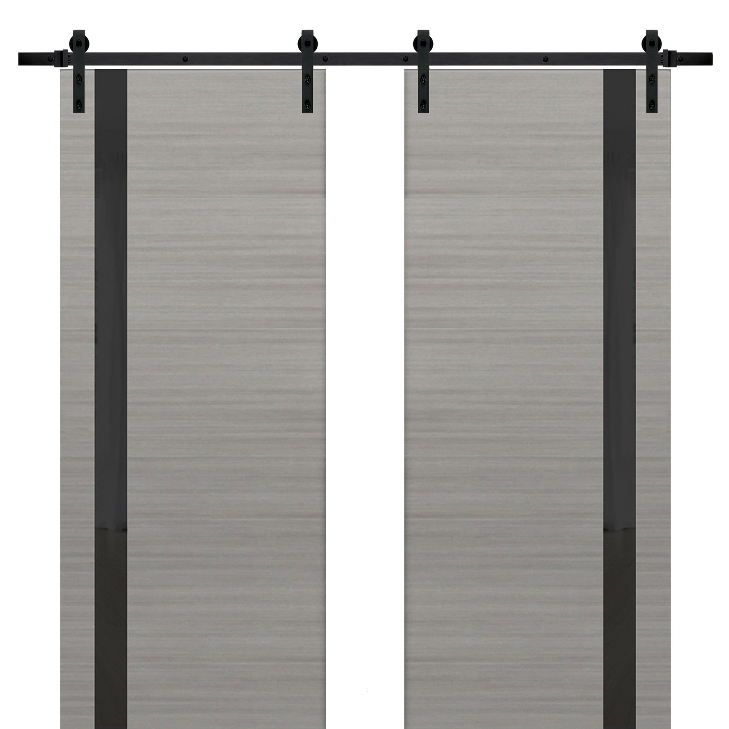 Sturdy Double Barn Door | Planum 0040 Grey Oak with Black Glass | 13FT Rail Hangers Heavy Set | Solid Panel Interior Doors
