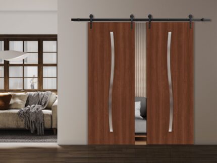 Modern Double Barn Door | BASIC 3002 Walnut | 13FT Rail Track Set | Solid Panel Interior Doors