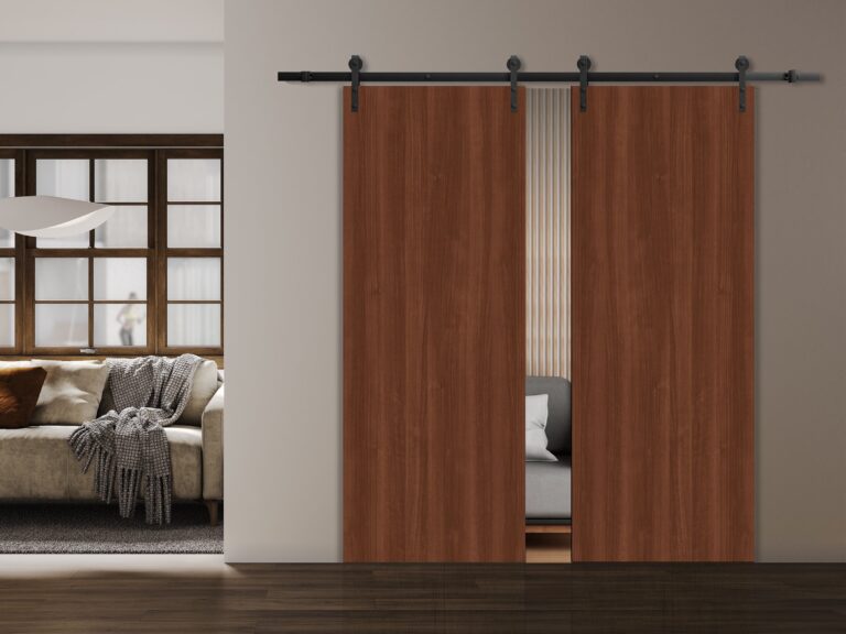 Modern Double Barn Door | BASIC 3001 Walnut | 13FT Rail Track Set | Solid Panel Interior Doors
